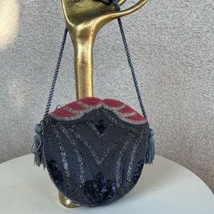 Vintage 1980s Art Deco style beaded Evening shoulder bag grey black red blue